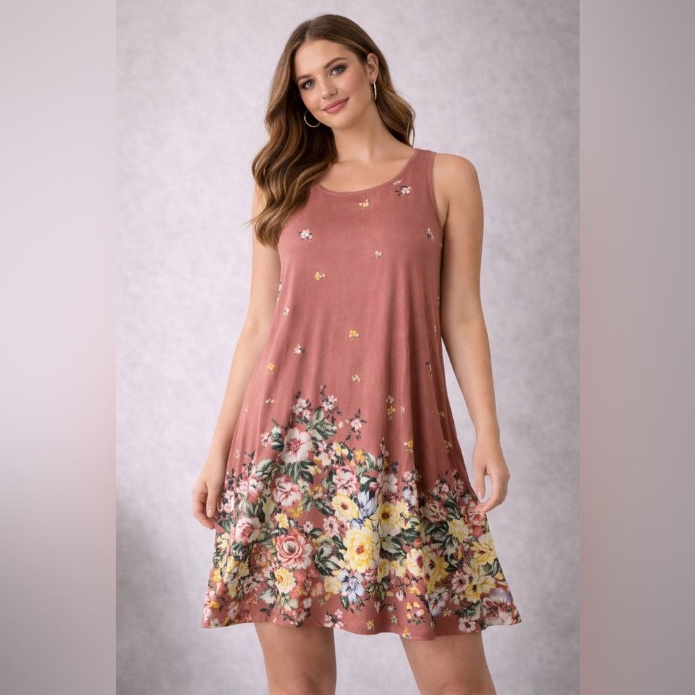 Taylor & Sage Floral Swing Dress Large Pink Sleeveless Keyhole Back